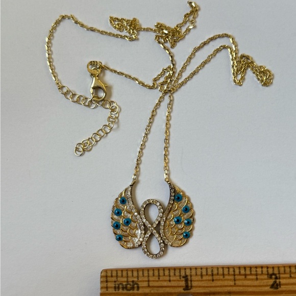 925 Silver angel wings necklace evil eye cz 18k yellow gold plated - Picture 2 of 3